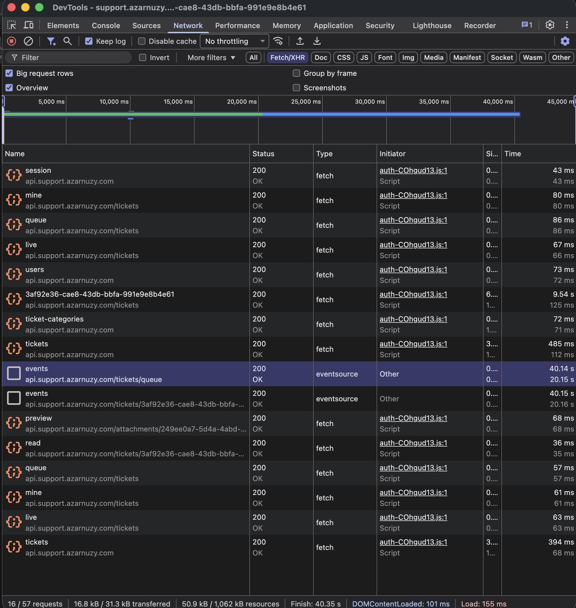 DevTools Network tab when opening a Ticket