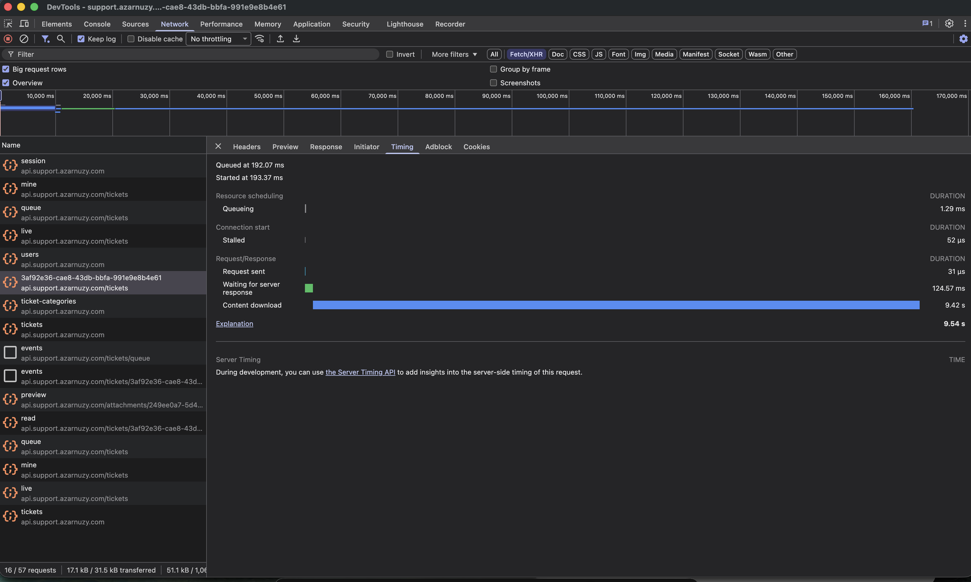 Timing panel of the slow Ticket request