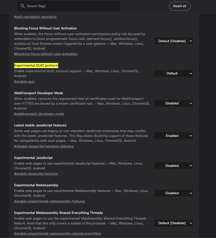 Brave flags page with the QUIC option